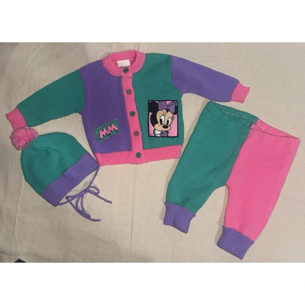 1984 Vtg Disney Babies Minnie Mouse Knit ColorBlock Cardigan Pants Hat Set‎ 0-6M
